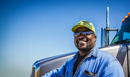 Truck driver in front of truck with copy space. Happy confident male driver standing in front on his truck and looking at camera. Professional,transportation,driver,work concept space for textの素材