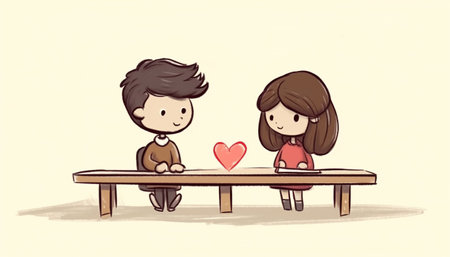 Two children a boy an girl in love making a Valentines card with hearts. created homemade greeting card. A little girl and boy painted and colored card with funny hearts. Gift for Valentines day. Arts and crafts concept. Romantic cute kids give present. Valentine's Day concept copy spaceの素材
