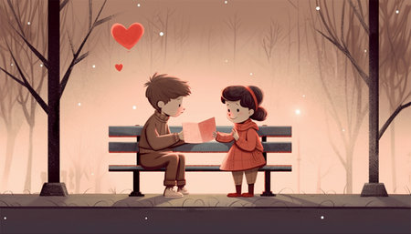 Two children a boy an girl in love making a Valentines card with hearts. created homemade greeting card. A little girl and boy painted and colored card with funny hearts. Gift for Valentines day. Arts and crafts concept. Romantic cute kids give present. Valentine's Day concept copy spaceの素材