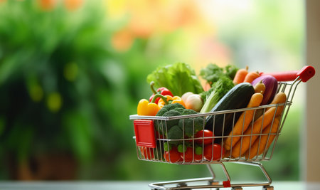 Supermarket shopping cart full of fresh vegetables and fruits, healthy organic food concept on blurred nature background with copy space. Eco friendly, vegan, vegetarian concept space for textの素材