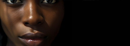 Calm serious beautiful millennial African American woman with thick curly hair looking forward at camera posing indoors. Attractive focused young adult gen z lady face without smile. Close-up portrait Mega close-upの素材