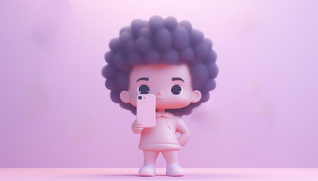 Happy cool African American teenage guy teen boy model wearing pink hoodie holding cell phone using mobile digital apps on cellphone pointing at smartphone isolated on light purple background. 3D animation pastel colored copy space Space for textの素材