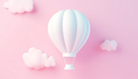 Cute pastel hot air balloon flying in the air. Design illustration of scene with hot air balloons float up in the sky on 3D paper art style. Hot air balloon floats up in the sky. pastel paper cut and craft style., illustration. Pink, purple and blue color Copy space Space for textの素材