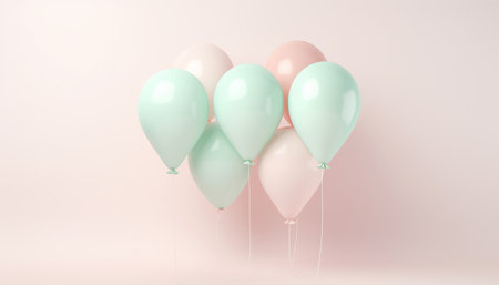 Green and pink pastel 3D balloons floating in pink green pastel background room studio. minimal idea creative concept. Copy space. Celebration,Festive Happy birthday concept Space for textの素材