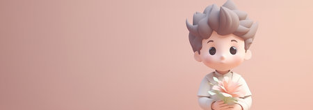 Cute boy holding a flower. 3D pastel colored. Valentine's Day. Happy Women's Day. Cute boy cartoon character holding a bouquet of flowers. Space for textの素材
