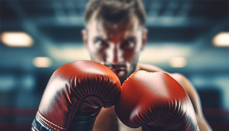 Boxer in action. Young confident african american boxer standing in pose and ready to fight, stadium background, copy space Sports concept Space for textの素材