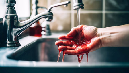 Washing hands with blood. washing bleeding hands in sink. Crime scene,murder,accident concept copy space Space for textの素材