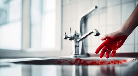 Washing hands with blood. washing bleeding hands in sink. Crime scene,murder,accident concept copy space Space for textの素材