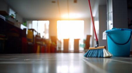 Cleaning supplies. Plastic bucket and mop in house, apartment or office. Set for cleaning. Household cleaning products. Cleaning products in a bucket Copy spaceの素材