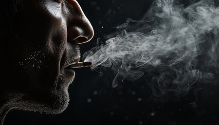Stop smoking cigarettes concept. Portrait cigarette in mouth. Background surrounded with smoke. quitting smoking cigarettes. Quit bad habit, health care concept. No smoking. Copy space Space for textの素材