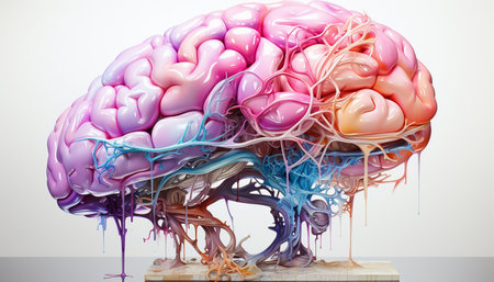 Colorful human brain on white background. Left right human brain concept. Creative part and logic part with social and business doodle watercolor design copy space. Concept human thinking Space for textの素材