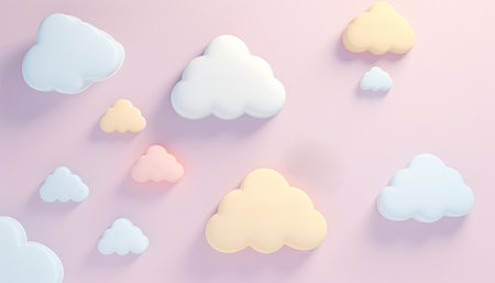 Cute pastel clouds Pink 3d clouds set isolated on a light pastel background. Render magic clouds icon in the blue sky. 3d geometric shapes illustration Fluffy cute background copy spaceの素材