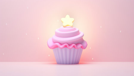 Cute pastel 3D cupcake pink and purple background. Vanilla cupcake with white whipped cream and vanilla biscuit cake in a paper cup. Cute cup cake decorated with fresh raspberries, isolated on a pink pastel background. 3d rendering illustration. Copy spaceの素材