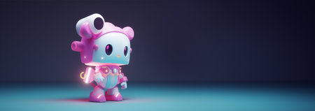 Cute neon cartoon robot. AI Content Generator. Chatbot technology, isometric. Technology and engineering. AI chat bot based on artificial intelligence and neural networks. Humanoid neon copy spaceの素材