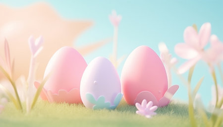 Light pastel Easter eggs design with copy space. Set of blue, pink and yellow 3D eggs shape frames design. Elements for happy Easter day festival design. Collection of geometric oval for product display or text space. Top view. illustration Happy Easter Space for textの素材