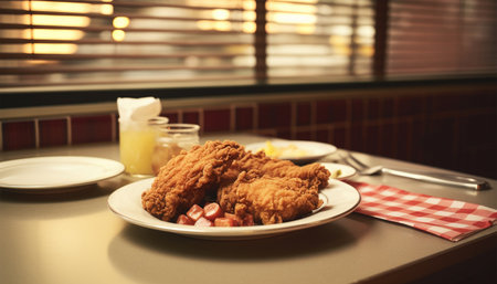 Fried chicken on plate in retro diner vintage design. Roasted chicken drumsticks in restaurant. Fast food concept americanの素材
