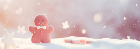 3D Holiday Gingerbread Man Cookie in Snow. Render Cookie in Winter Landscape. Happy New Year Decoration. Merry Christmas Holiday. New Year and Xmas Celebration. Realistic illustration pastel colored Copy spaceの素材