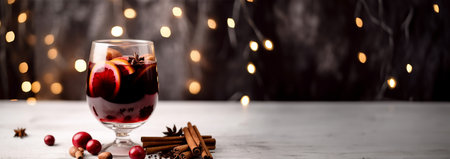 Christmas mulled wine delicious holiday like parties with orange cinnamon star anise spices. Traditional hot drink or beverage, festive cocktail at X-mas or New Year mulled wine winter design copy space Space for textの素材