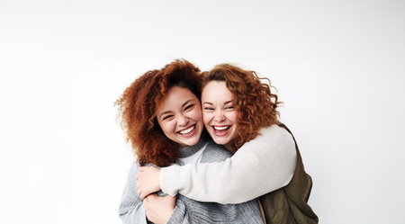 Two diversity pretty positive girls toothy smile hugging isolated on white background. Young lesbian lovers couple embracing and looking camera. Friendship and homosexual relationship. Copy spaceの素材