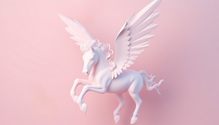 White pink glowing cartoon pegasus. winged unicorn, pony magical horse wings, cute flying horses pink begasus for little princess, magic children character illustration of pegasus cartoon horse pastel design Copy spaceの素材