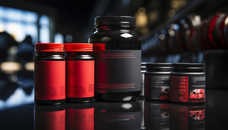 Gym supplies nutrition creatine, creatine monohydrate powder blank mockup jar in the gym. Protein and recommends taking sports nutrition while doing bodybuilding. Strong guy with big muscles on arms takes protein to achieve outstanding results from training. Copy space Space for textの素材