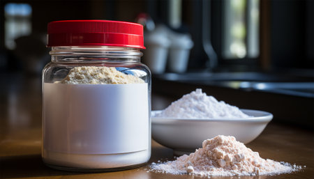 Gym supplies nutrition creatine, creatine monohydrate powder blank mockup jar in the gym. Protein and recommends taking sports nutrition while doing bodybuilding. Strong guy with big muscles on arms takes protein to achieve outstanding results from training. Copy space Space for textの素材