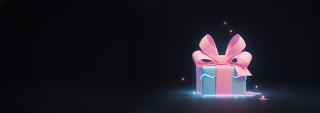 Banner Neon light present. Birthday,party,festive design Gift box in neon lighting, the concept of Valentine's day, romance and love, copy space. Space for text web bannerの素材