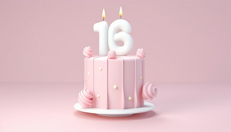 Illustration of a Cake with a Sweet 16 Sign 3D pink pastel background. Happy birthday,celebration sixteen design. Party concept Copy space Space for textの素材