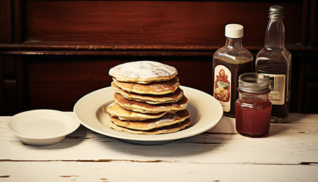 Stack of pancakes with syrup on breakfast table. Vintage design. Soft morning light. Crisp details, warm tones. Irresistibly appetizing. 70s, 80s American pancakesの素材
