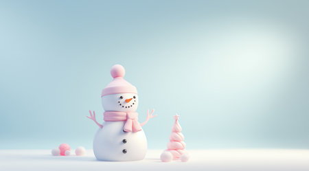 Cute snowman in winter wonderland landscape pastel colored. Christmas Snowman. Festive cute character. Realistic 3d design element In plastic cartoon style. Icon illustration cute Copy spaceの素材