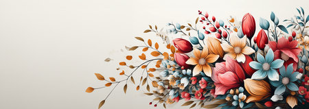 Wild spring flowers Oriental motif of flowers. Original Floral design with of a vine with exotic flowers, tropic leaves. Colorful flowers on a white background. Folk style. beautyの素材