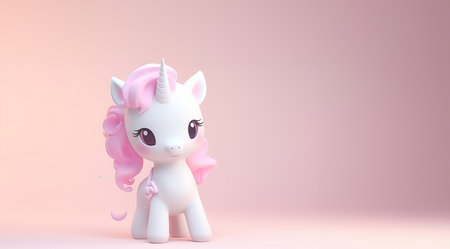 Cute unicorn pastel colored background. Magic fairy tale character unicorn 3d illustration for girls. Magic fairy tale unicorn print for clothes, stationery, books, goods. Toy Unicorn 3D character banner, background. Copy space Space for textの素材