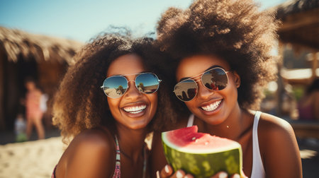 Happy young ethnic friends on the beach with watermelon. African American black friends. Close up portrait of two young girls enjoying a watermelon. Female friends eating a watermelon slice and laughing together. sunny summer day beautyの素材
