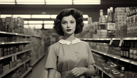 Woman in grocery store vintage design. Retro Girl with Groceries Healthy Food. Pop Art. Shopping in supermarket buying products concept oldの素材