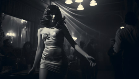 Elegant vintage woman in club or disco. Happy and active dancers woman in retro style clothes dancing disco dance over green background. 1970s, 1980s fashion, music, hippie lifestyle luxury lifestyleの素材