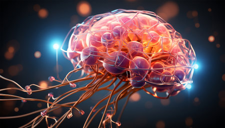 Concept of an Active Human Brain on a Dark Background. Colorful neon colors inside of a brain 3D, Human thinking mechanism concept. Brain research Copy space Space for textの素材