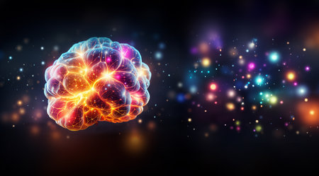 Concept of an Active Human Brain on a Dark Background. Colorful neon colors inside of a brain 3D, Human thinking mechanism concept. Brain research Copy space Space for textの素材