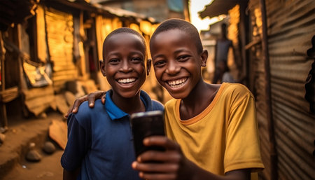 Two boys taking a selfie.African kids using mobile phones. two african boys sitting outside using smartphones to play games portraitの素材