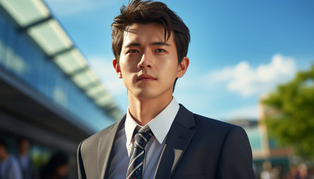 Portrait of successful Asian businessman standing with arms crossed standing in front of modern office buildings in the city. Successful Asia businessman portraitの素材