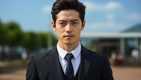 Portrait of successful Asian businessman standing with arms crossed standing in front of modern office buildings in the city. Successful Asia businessman portraitの素材