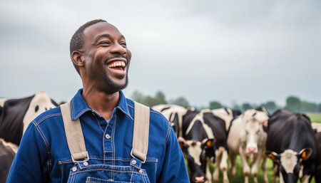 Portrait of positive African-American male worker in blue robe working on dairy farm with black and white cows. Happy black farmer Dutch cows and wearing blue overalls on fresh Agriculture field Modern farmerの素材