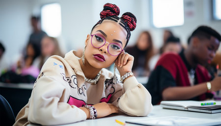 Happy cheerful American - African black ethnicity female university student learning. High school teenager sitting in classroom. Portraitの素材