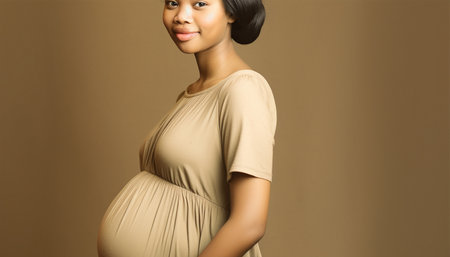 African American pregnant woman. Beautiful pregnant black woman hugging her tummy, enjoying her pregnancy, free space. Side view of African American expecting lady standing next to window at home, touching her big belly beauty shotの素材