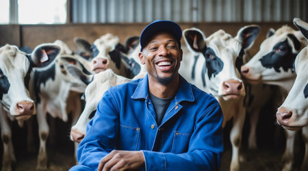 Portrait of positive African-American male worker in blue robe working on dairy farm with black and white cows. Happy black farmer Dutch cows and wearing blue overalls on fresh Agriculture field Modern farmerの素材