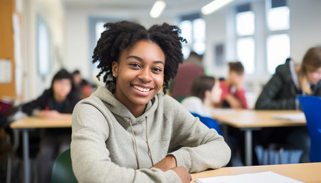 Happy cheerful American - African black ethnicity female university student learning. High school teenager sitting in classroom. Portraitの素材