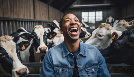 Portrait of positive African-American male worker in blue robe working on dairy farm with black and white cows. Happy black farmer Dutch cows and wearing blue overalls on fresh Agriculture field Modern farmerの素材