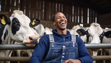 Portrait of positive African-American male worker in blue robe working on dairy farm with black and white cows. Happy black farmer Dutch cows and wearing blue overalls on fresh Agriculture field Modern farmerの素材