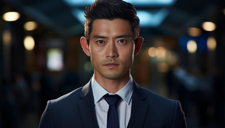 Portrait of successful Asian businessman standing with arms crossed standing in front of modern office buildings in the city. Successful Asia businessman portraitの素材