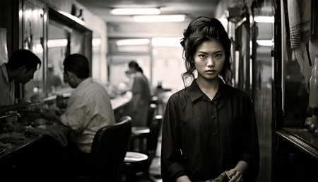 Asian girl documentary black and white photography. black and white photo concept of women beauty portrait. Poor girl in Asia Culture shotの素材