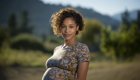 African American pregnant woman. Beautiful pregnant black woman hugging her tummy, enjoying her pregnancy, free space. Side view of African American expecting lady standing next to window at home, touching her big belly beauty shotの素材